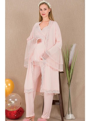 REN Kadın Tül Güpür Detay 3'lü Hamile Lohusa Pijama Takım, Uzun Hamile Lohusa Sabahlık ve Pijama Takımı