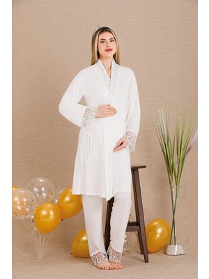 REN Kadın Dantel Detaylı 3'lü Hamile Lohusa Pijama Takım, Hamile Lohusa Sabahlık ve Pijama Takımı
