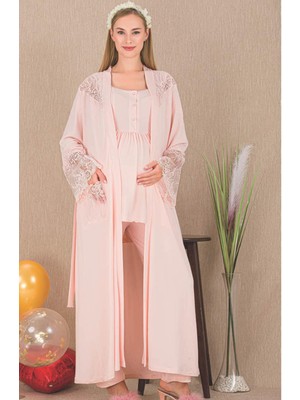 REN Kadın Tül Güpür Detay 3'lü Hamile Lohusa Pijama Takım, Uzun Hamile Lohusa Sabahlık ve Pijama Takımı