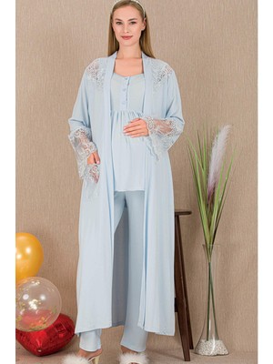 REN Kadın Tül Güpür Detay 3'lü Hamile Lohusa Pijama Takım, Uzun Hamile Lohusa Sabahlık ve Pijama Takımı