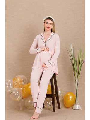 REN Kadın 2'li Uzun Kol Hamile Lohusa Pijama Takım, Emzirme Düğmeli, Gömlek Yakalı