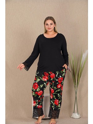 REN Kadın Siyah Büyük Beden  Pijama Takım, Dantel Detay, Cepli ve Çiçekli, Viskon Kumaş