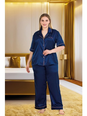 REN Kadın Büyük Beden Saten Pijama Takım, Boydan Düğmeli Saten Pijama Takım