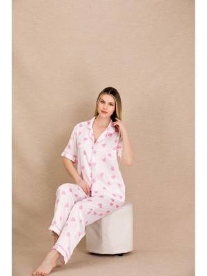 REN Kadın Saten Kalp Baskılı Pijama Takım, Önden Düğmeli