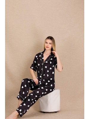 REN Kadın Saten Kalp Baskılı Pijama Takım, Önden Düğmeli