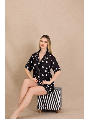 REN Kadın Saten Kalp Baskılı Gömlek Şort Takım, Önden Düğmeli