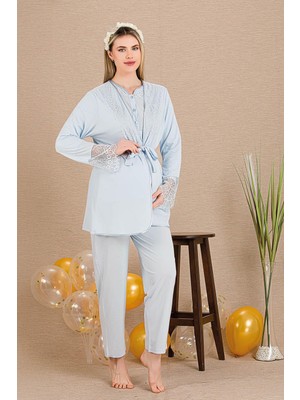 REN Kadın Dantel Detaylı 3'lü Hamile Lohusa Pijama Takım, Hamile Lohusa Sabahlık ve Pijama Takımı