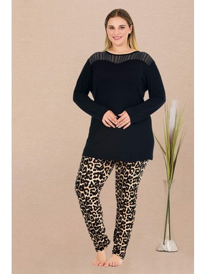 Kadın Siyah Büyük Beden Tunikli Pijama Takım, Üst Uzunkollu Düz Renk ve Yırtmaçlı , Alt Leopar Desenli, Viskon Kumaş