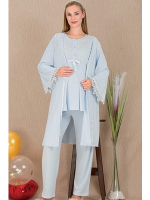 REN Kadın Güpür Detay 3'lü Hamile Lohusa Pijama Takım, Hamile Lohusa Sabahlık ve Pijama Takımı