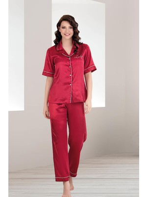 Kadın Saten Düz Renk Önden Düğmeli Biyeli Kısa Kol Saten Pijama Takım