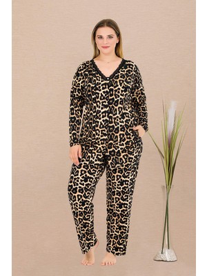 REN Kadın Büyük Beden Leopar Desenli Ev Giyim Pijama Takım, Uzun Kollu, Boydan Düğmeli, Viskon Kumaş