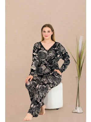 REN Kadın Çiçek Desenli Büyük Beden Pijama Takım, Cep Detaylı, Boydan Düğmeli, Viskon Kumaş