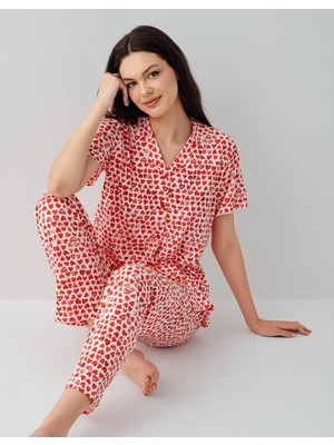 Arnetta Kadın %100 Pamuk Kısa Kollu Düğmeli Pijama Takımı – Kalpli Desen, Yazlık Rahat Ev Giyimi