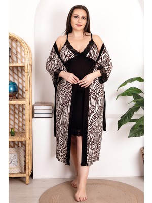 REN Büyük Beden Kadın Leopar Desenli Gecelik Sabahlık Takım, Viskon Kumaş