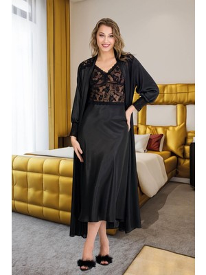 REN Kadın Uzun 2'li Fantazi Saten Gecelik Sabahlık Takım