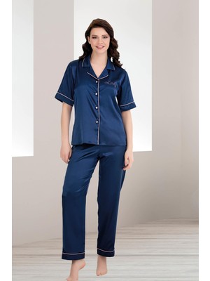 Kadın Saten Düz Renk Önden Düğmeli Biyeli Kısa Kol Saten Pijama Takım