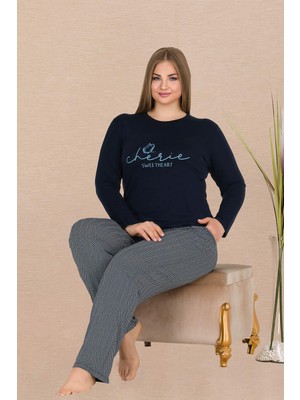REN Büyük Beden Uzun Kol Kadın Lacivert Pijama Takım, Cep Detaylı, Viskon Kumaş