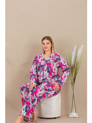 REN Kadın Çiçek Desen Büyük Beden Düğmeli Pijama Takım, Belmando Dokuma Viskon Kumaş