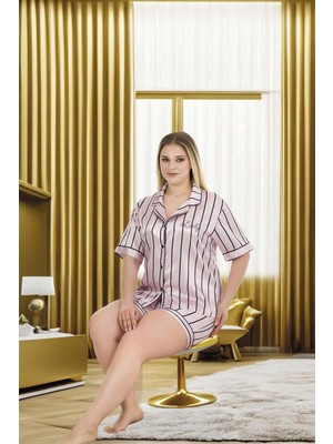 REN Kadın Büyük Beden Çizgili Saten Şortlu Pijama Takım, Boydan Düğmeli Saten Şort Takım