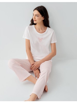 Arnetta Kadın Yazlık %50 Pamuk %50 Modal Pijama Takımı – Kısa Kollu, Çizgili Alt, Rahat Ev Giyimi