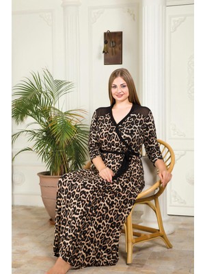REN Kadın Büyük Beden Gecelik, Leopar Desenli Uzun Gecelik, Viskon Kumaş