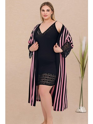 REN Büyük Beden Kadın Aakılı Siyah Gecelik ve Pembe Siyah Çizgili Sabahlık Takım, Viskon Kumaş