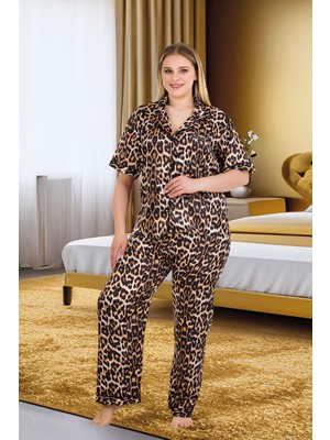 REN Kadın Leopar Desenli Büyük Beden Kısakollu Saten Pijama Takım