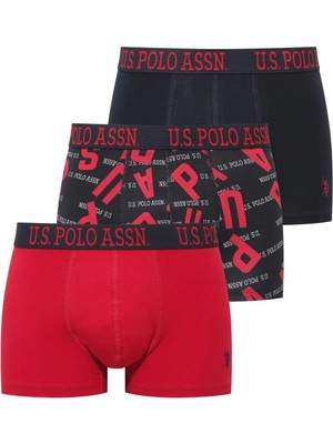 U.S Polo Assn. U.s. Polo Assn. 3'lü Pamuklu Likralı Erkek Boxer, Lacivert Kırmızı ve Baskılı, %95 Pamuk %5 Likra
