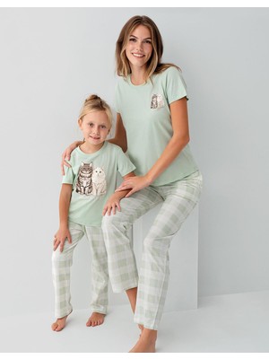 RolyPoly Anne Kız Kedili Pijama (Ayrı Ayrı Satılır) Takımı %100 Pamuk – Kısa Kollu Üst & Ekose Alt Aile Kombini