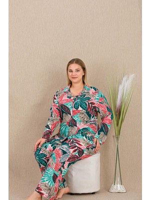 REN Kadın Çiçek Desen Büyük Beden Düğmeli Pijama Takım, Belmando Dokuma Viskon Kumaş