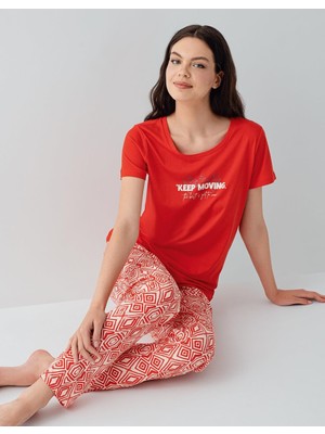 Arnetta Kadın %50 Pamuk %50 Modal Kısa Kollu Pijama Takımı – Yumuşak Dokulu, Desenli Alt, Rahat Kalıp