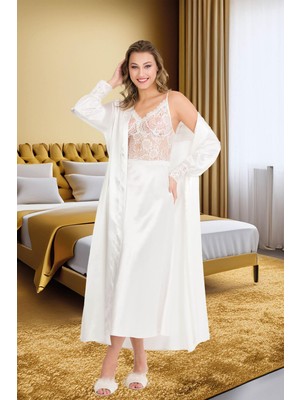 REN Kadın Uzun 2'li Fantazi Saten Gecelik Sabahlık Takım