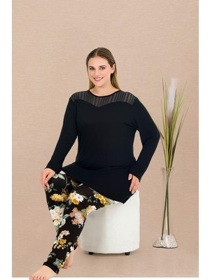 Kadın Siyah Büyük Beden Tunikli Pijama Takım, Üst Uzunkollu Düz Renk , Alt Çiçek Desenli, Viskon Kumaş