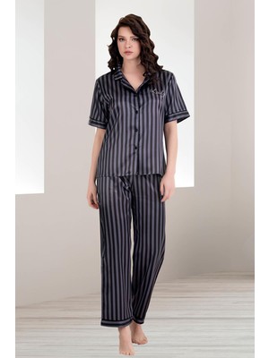 REN Kadın Siyah Çizgili Kısakol Saten Düğmeli Gömlek Pijama Takım