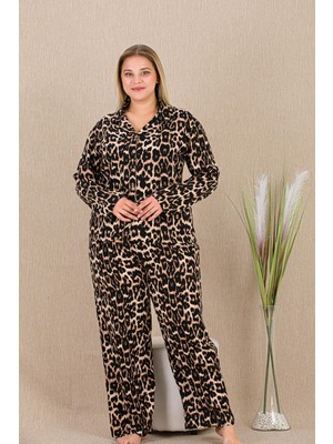 REN Kadın Leopar Desen Büyük Beden Düğmeli Pijama Takım, Belmando Dokuma Viskon Kumaş