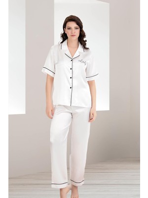 Kadın Saten Düz Renk Önden Düğmeli Biyeli Kısa Kol Saten Pijama Takım