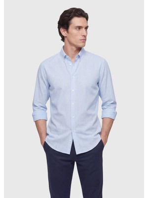 Ramsey Mavi Düz Regular Fit Dokuma Casual Ipek Karışımlı Gömlek