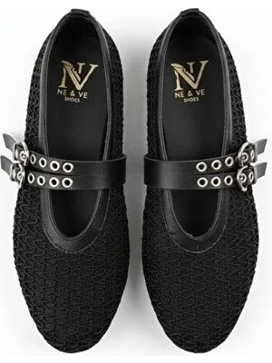 Ne&Ve Shoes Siyah Transparan File Iki Tokalı Kapsül Detaylı Kadın Yuvarlak Burun Babet