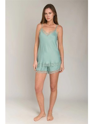Lovely Things Darlene Saten Ip Askılı Atlet Şort Set Pijama Takımı - Çağla Yeşili