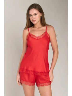 Lovely Things Geraldıne Saten Ip Askılı Atlet Şort Set Pijama Takımı - Kırmızı