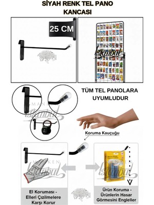 Manken İstanbul 65 Adet 25 cm Delüx Koruma Kauçuklu Siyah Tel Pano Kancası - Ekstra Güçlü - Raf Askısı - Raf Kancası