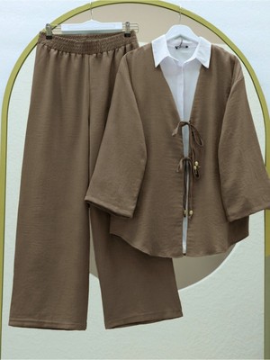 Modamorfo Önü Çift Bağlamalı Pantolonlu Kimono Takım      -Açık Kahve