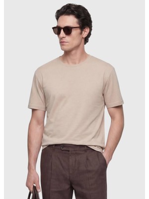 Ramsey Bej Düz %100 Pamuk T-Shirt