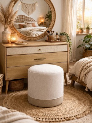 Crearthome Dekoratif Bohem Puf Tabure Makyaj Masası Pufu Bench Krem