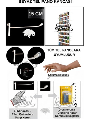 Manken İstanbul 45 Adet 15 cm Delüx Koruma Kauçuklu Beyaz Tel Pano Kancası - Ekstra Güçlü - Raf Askısı -Raf Kancası