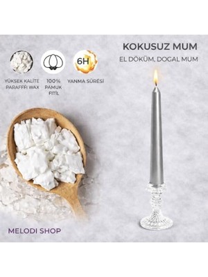 Gümüş Renk Ince Şamdan Mum Seti – 25 cm Uzunluk – 10’lu Paket – Dekoratif Taper (Dilek) Mum – Şık Masa, Davet ve Özel Gün Dekorasyonu Için