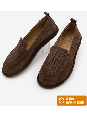 Marjin Kadın Hakiki Deri Loafer Maskülen Delik Görünümlü Günlük Ayakkabı Ranova Kahve Süet