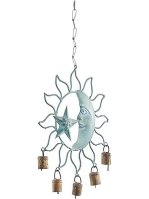 Deco 79 Metal Güneş ve Ay Çanı Çanlı, 33 cm x 28 cm x 2,5 Cm, Turkuaz