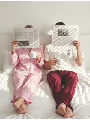 Koton Uzun Kollu Düğmeli Gömlek Yaka Kalpli Çizgili Pijama Üstü