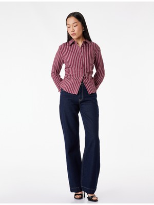 Koton Viskon Karışımlı Yanları Bağlama Detaylı Slim Fit Uzun Kollu Çizgili Gömlek